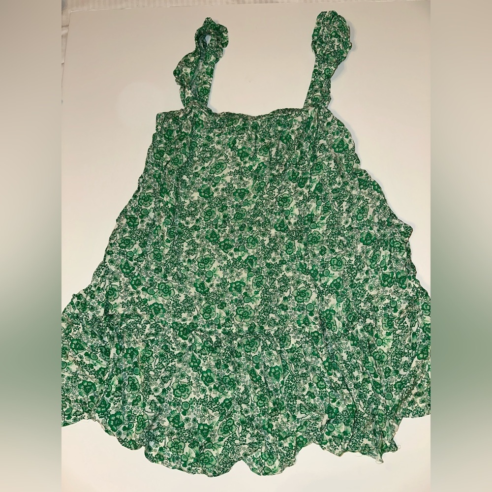 Lush Women’s Dress Size L Green Floral Smocked Bodice Sleeveless Tiered Midi